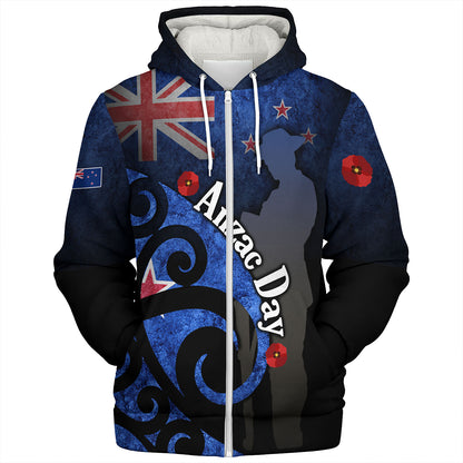 New Zealand Custom Personalised Sherpa Hoodie Anzac Day Flag Maori Patterns