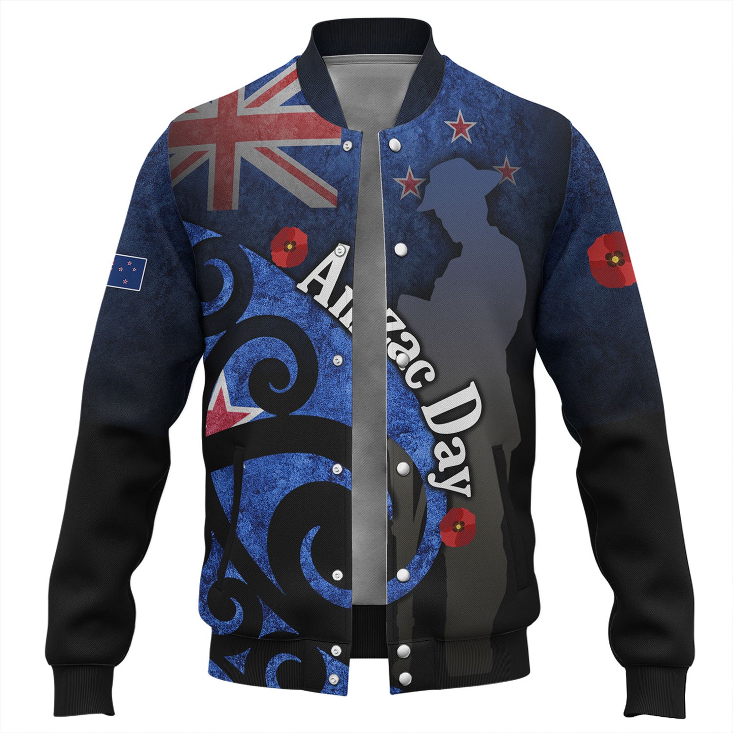 New Zealand Custom Personalised Baseball Jacket Anzac Day Flag Maori Patterns
