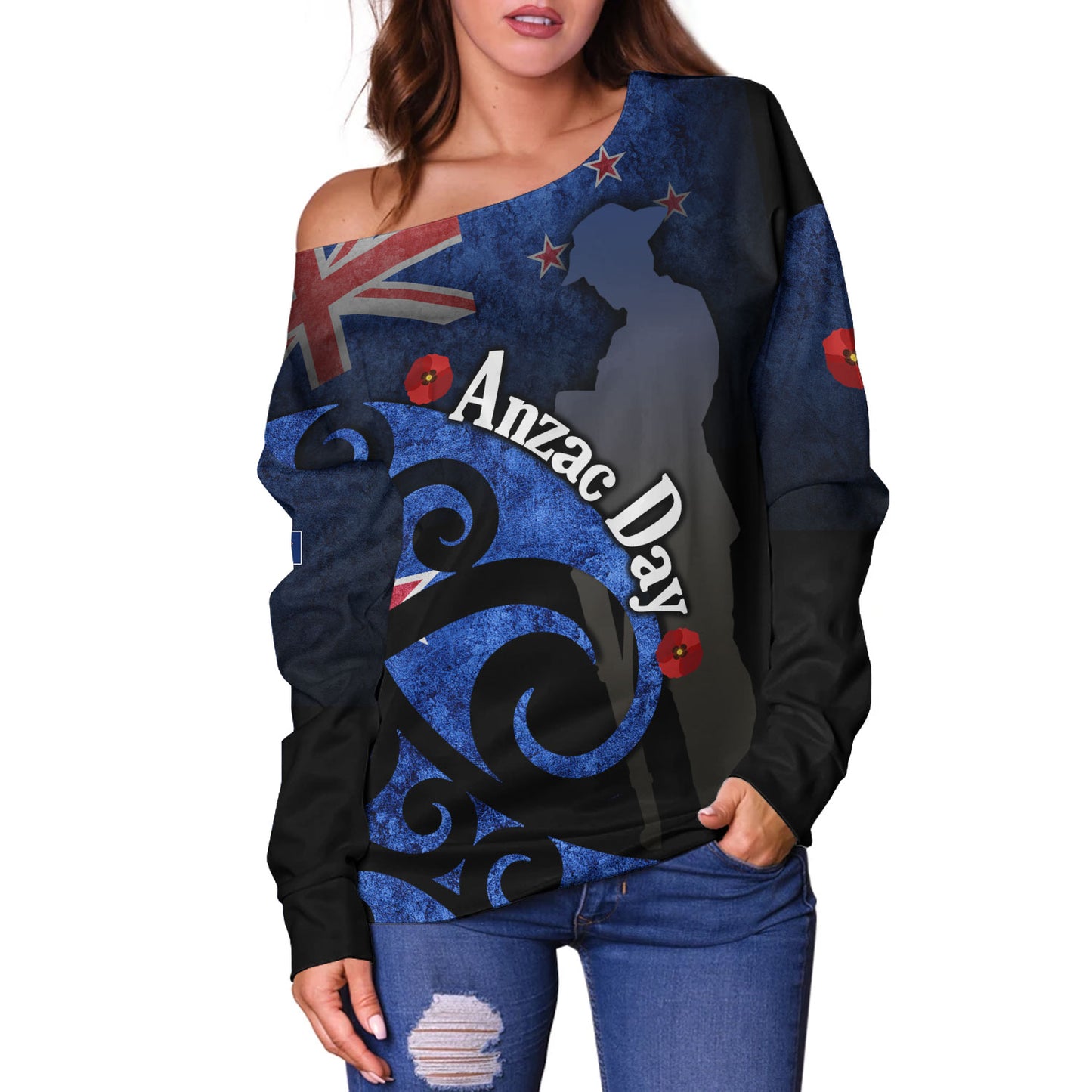 New Zealand Custom Personalised Off Shoulder Sweatshirt Anzac Day Flag Maori Patterns