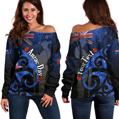 New Zealand Custom Personalised Off Shoulder Sweatshirt Anzac Day Flag Maori Patterns