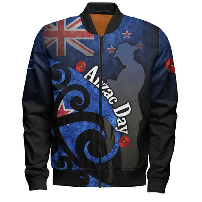 New Zealand Custom Personalised Bomber Jacket Anzac Day Flag Maori Patterns