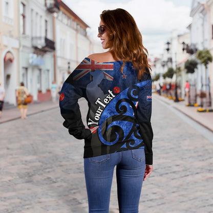 New Zealand Custom Personalised Off Shoulder Sweatshirt Anzac Day Flag Maori Patterns