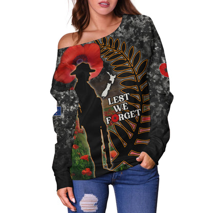 New Zealand Off Shoulder Sweatshirt Custom Anzac Day Lest We Forget Silver Fern