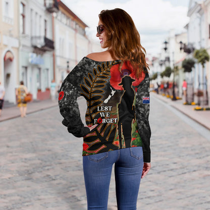 New Zealand Off Shoulder Sweatshirt Custom Anzac Day Lest We Forget Silver Fern