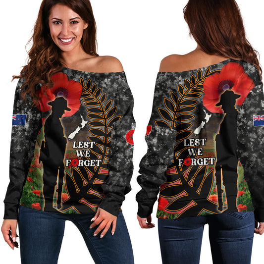 New Zealand Off Shoulder Sweatshirt Custom Anzac Day Lest We Forget Silver Fern
