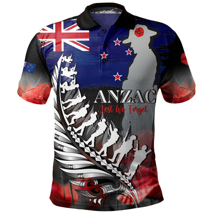 New Zealand Custom Personalised Polo Shirt Anzac Day Silver Fern Flag Style