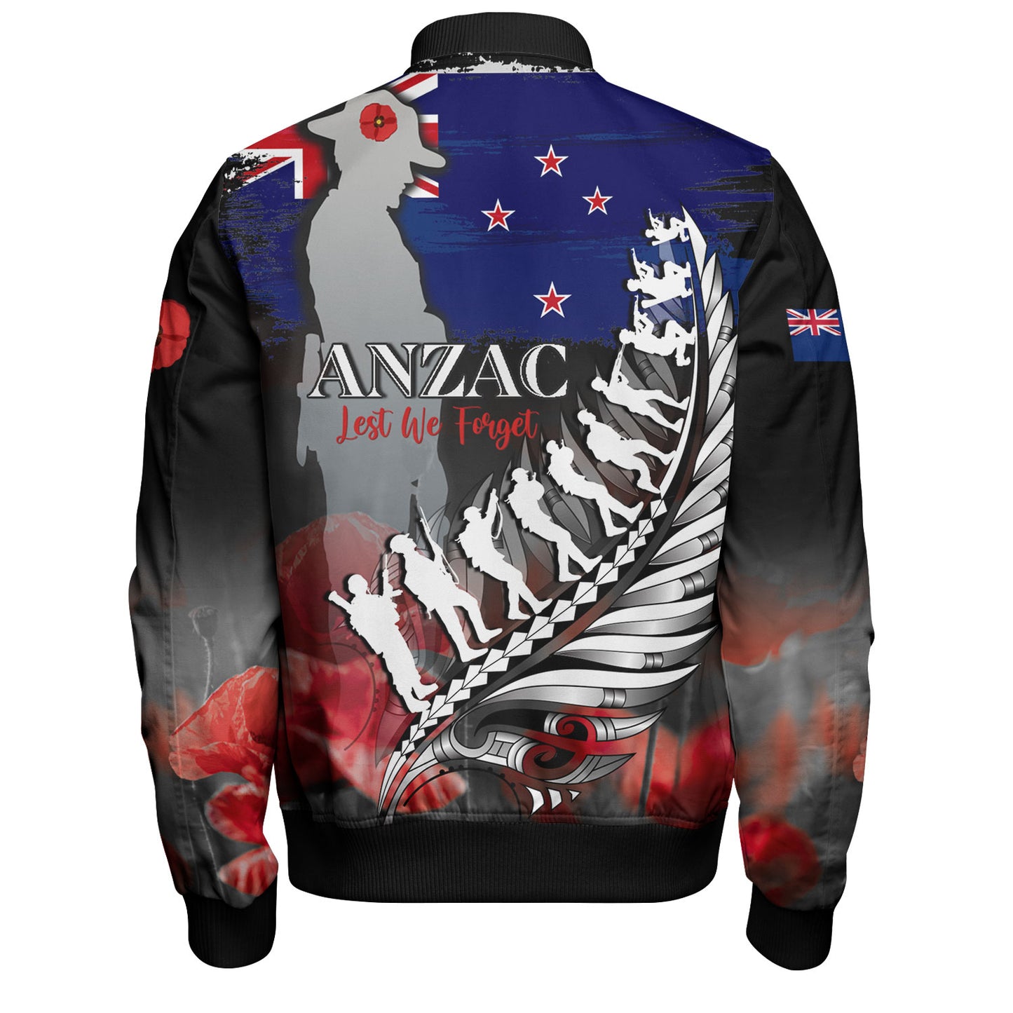New Zealand Custom Personalised Bomber Jacket Anzac Day Silver Fern Flag Style
