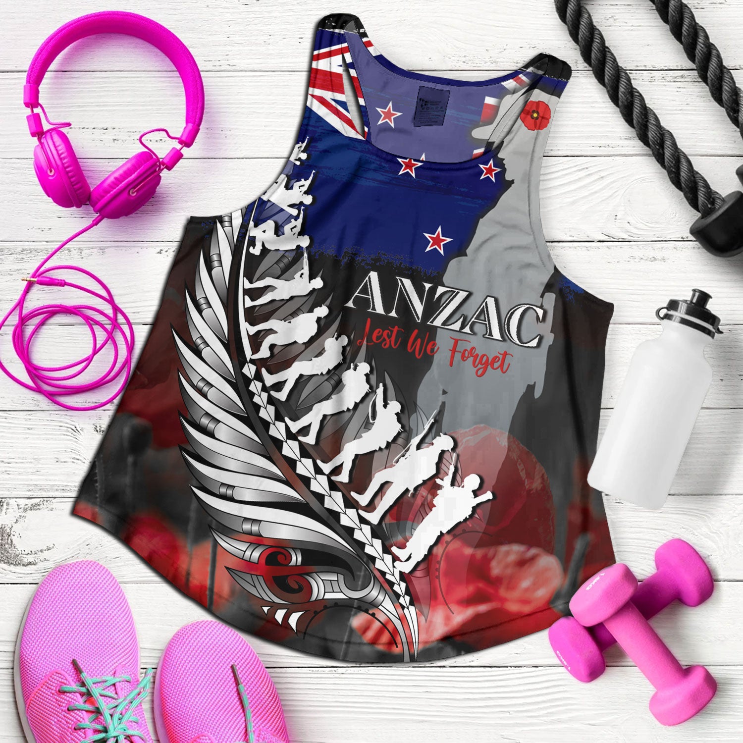 New Zealand Custom Personalised Women Tank Anzac Day Silver Fern Flag Style