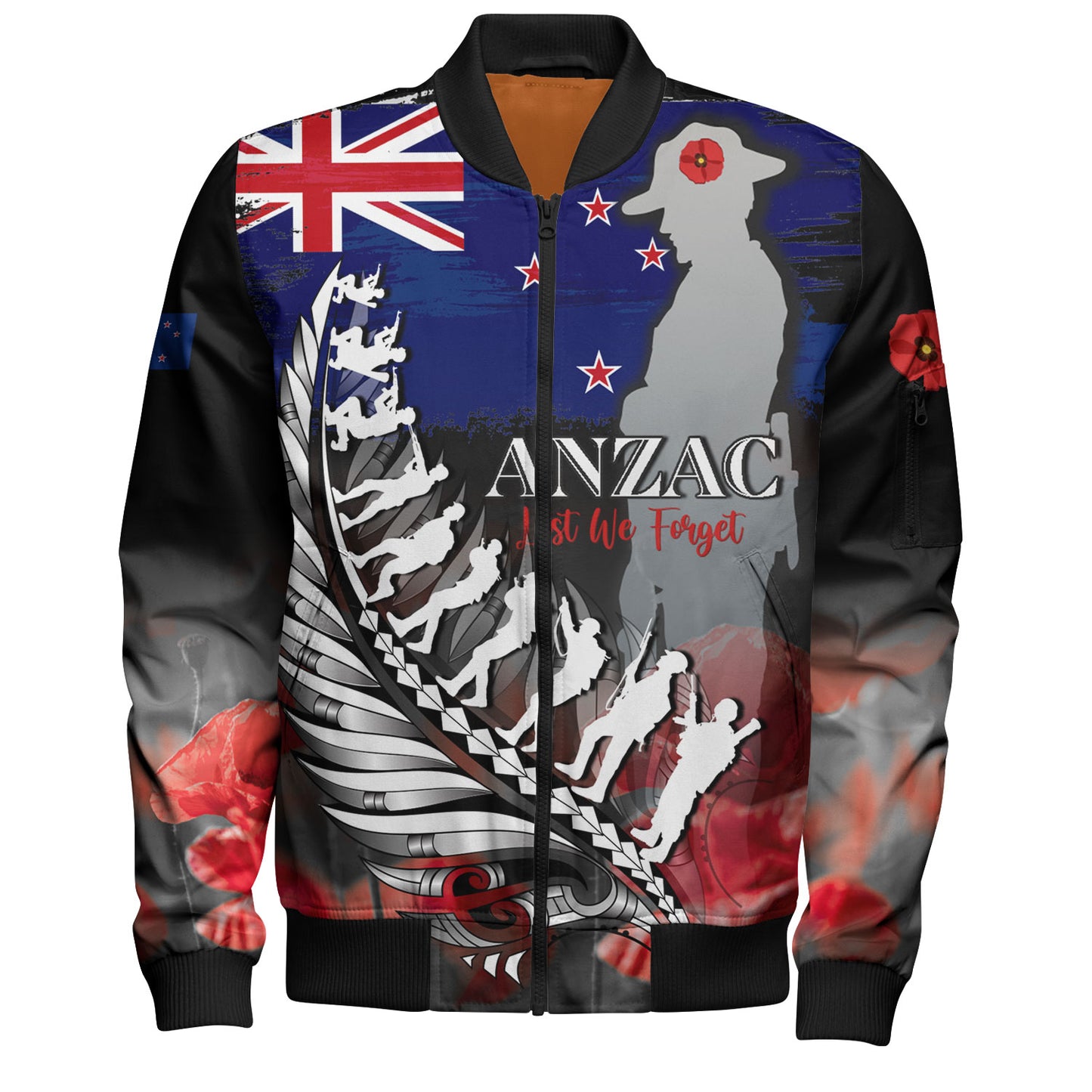 New Zealand Custom Personalised Bomber Jacket Anzac Day Silver Fern Flag Style