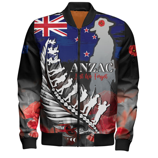 New Zealand Custom Personalised Bomber Jacket Anzac Day Silver Fern Flag Style