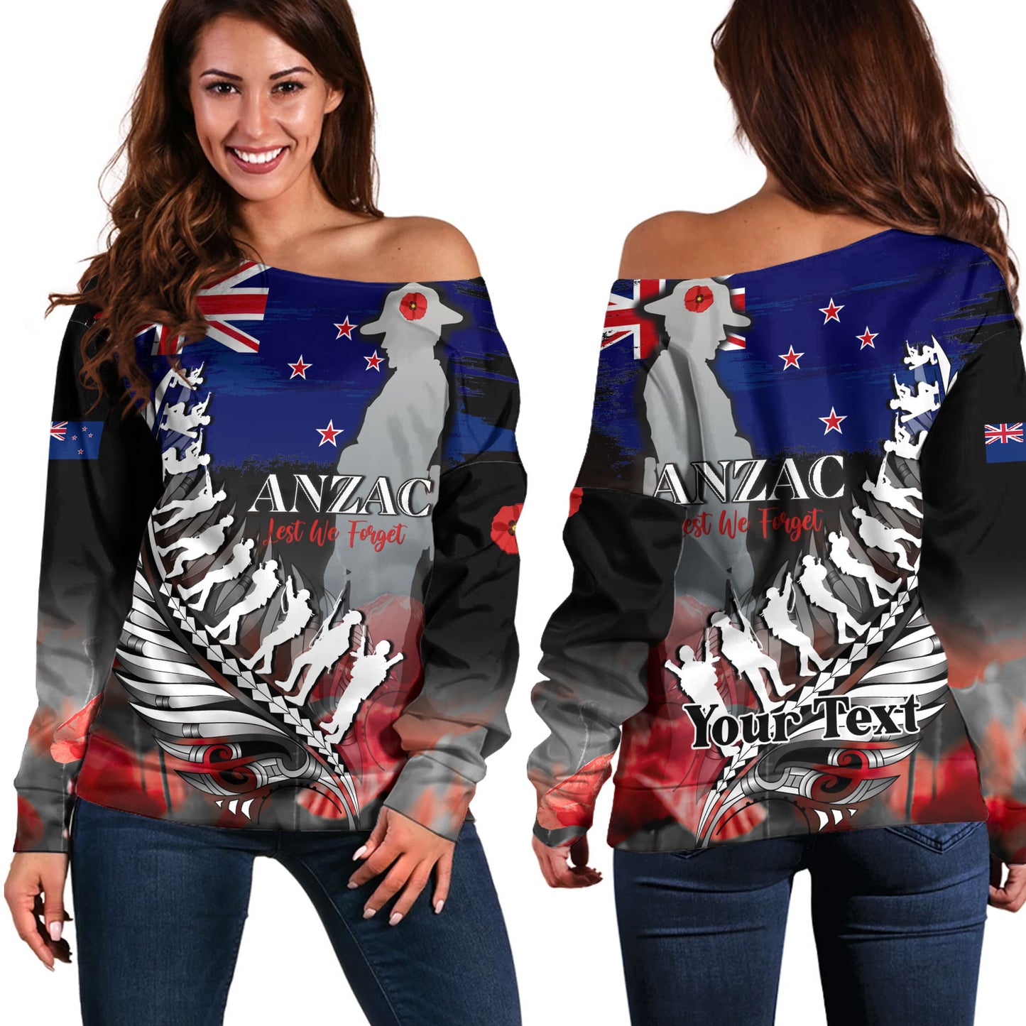 New Zealand Custom Personalised Off Shoulder Sweatshirt Anzac Day Silver Fern Flag Style