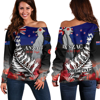New Zealand Custom Personalised Off Shoulder Sweatshirt Anzac Day Silver Fern Flag Style