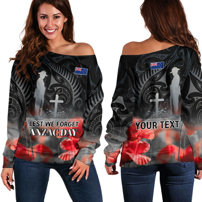 New Zealand Custom Personalised Off Shoulder Sweatshirt  Anzac Day Silver Fern Maori Style