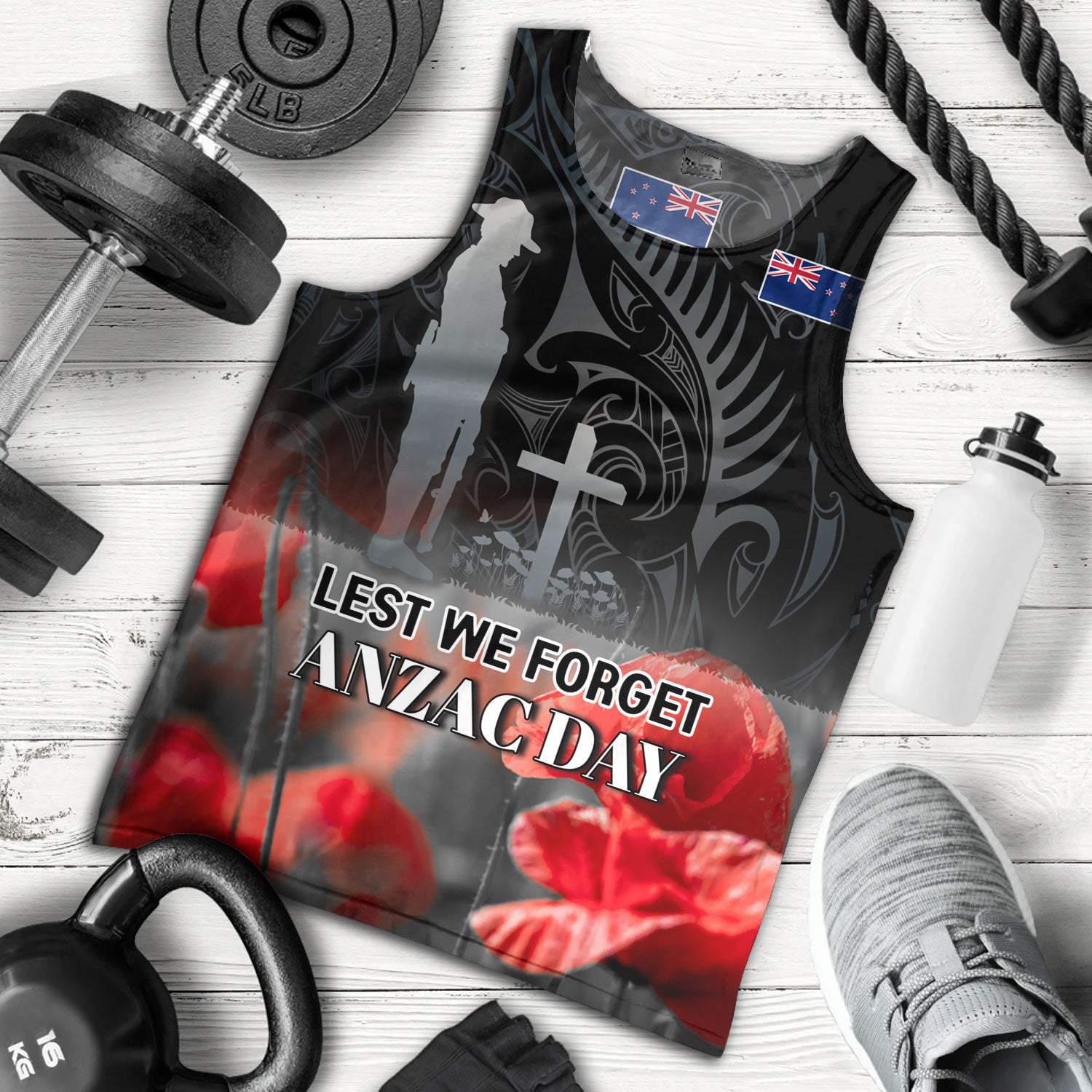 New Zealand Custom Personalised Tank Top  Anzac Day Silver Fern Maori Style