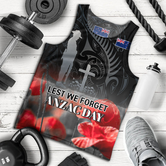 New Zealand Custom Personalised Tank Top  Anzac Day Silver Fern Maori Style