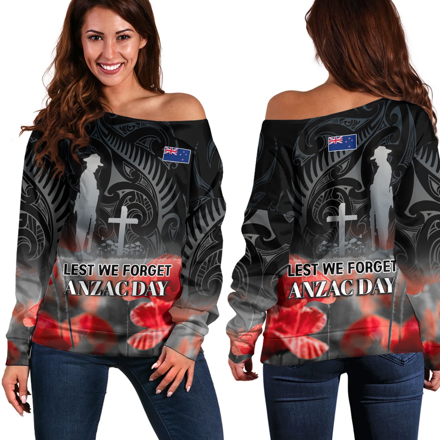 New Zealand Custom Personalised Off Shoulder Sweatshirt  Anzac Day Silver Fern Maori Style