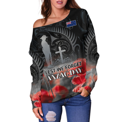 New Zealand Custom Personalised Off Shoulder Sweatshirt  Anzac Day Silver Fern Maori Style