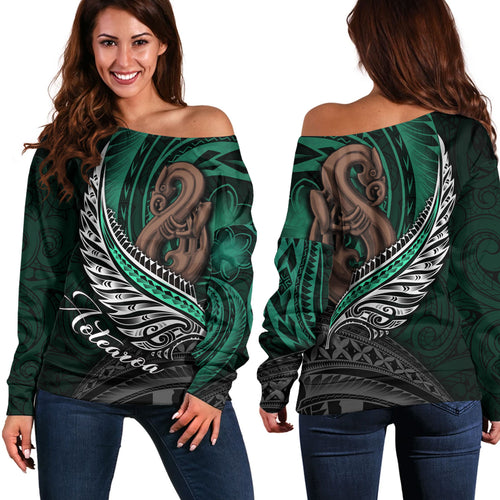 New Zealand Custom Personalised Off Shoulder Sweatshirt Aotearoa Manaia Maori Patterns