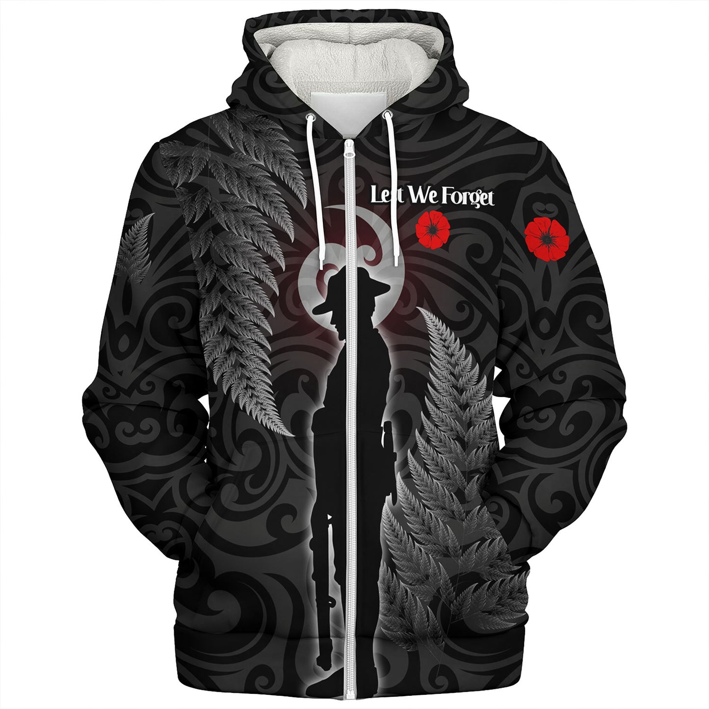 New Zealand Custom Personalised Sherpa Hoodie Lest We Forget Koru Maori Pattern