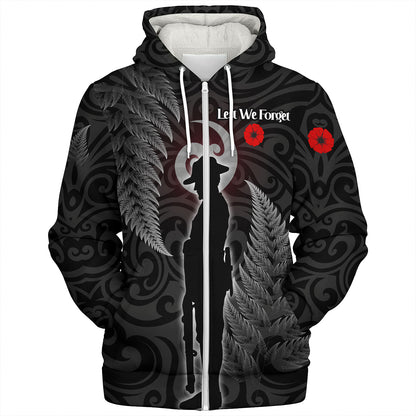 New Zealand Custom Personalised Sherpa Hoodie Lest We Forget Koru Maori Pattern