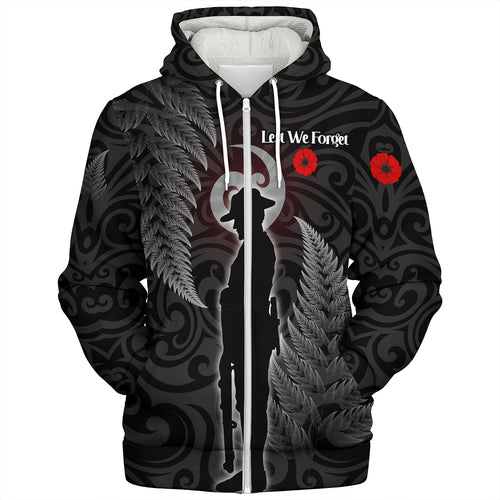 New Zealand Custom Personalised Sherpa Hoodie Lest We Forget Koru Maori Pattern