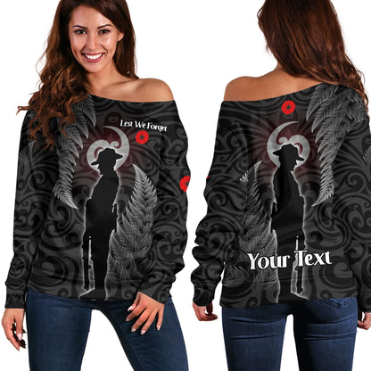 New Zealand Custom Personalised Off Shoulder Sweatshirt Lest We Forget Koru Maori Pattern