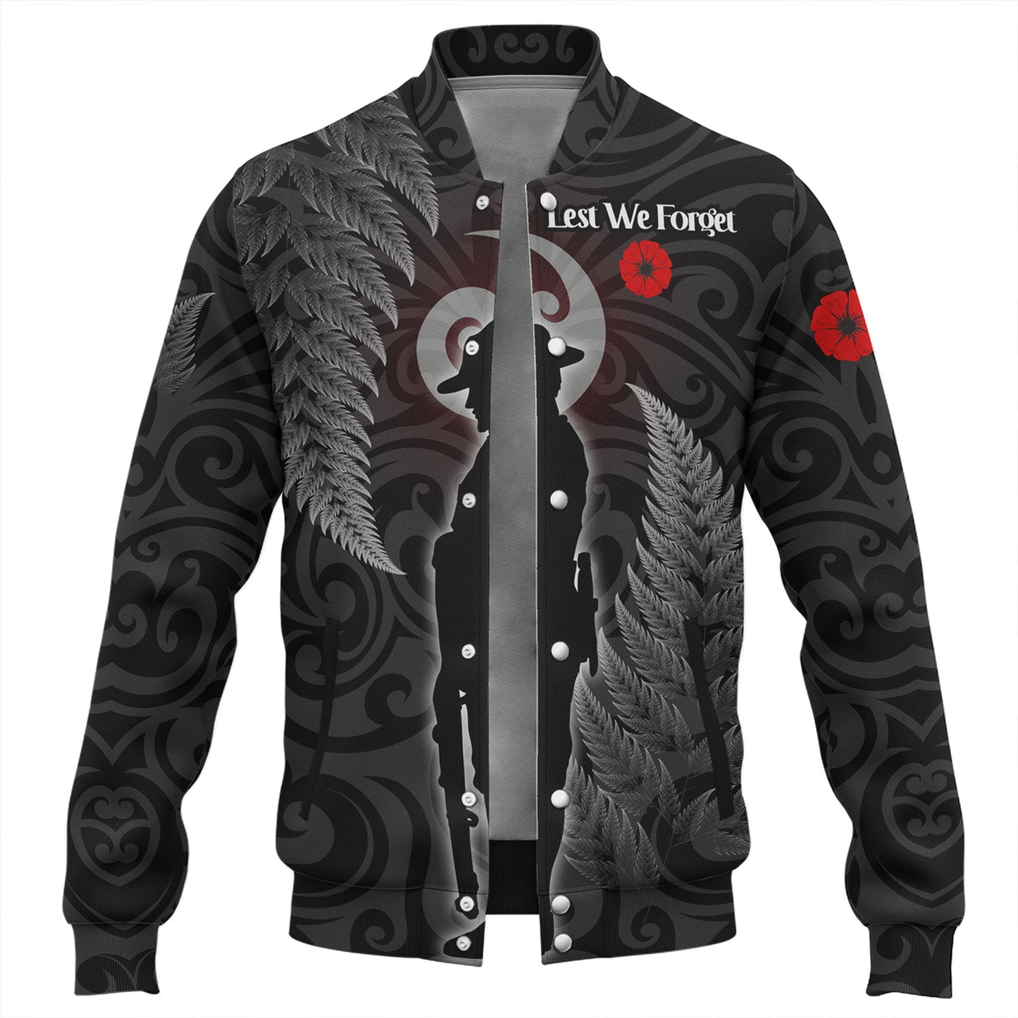New Zealand Custom Personalised Baseball Jacket Lest We Forget Koru Maori Pattern