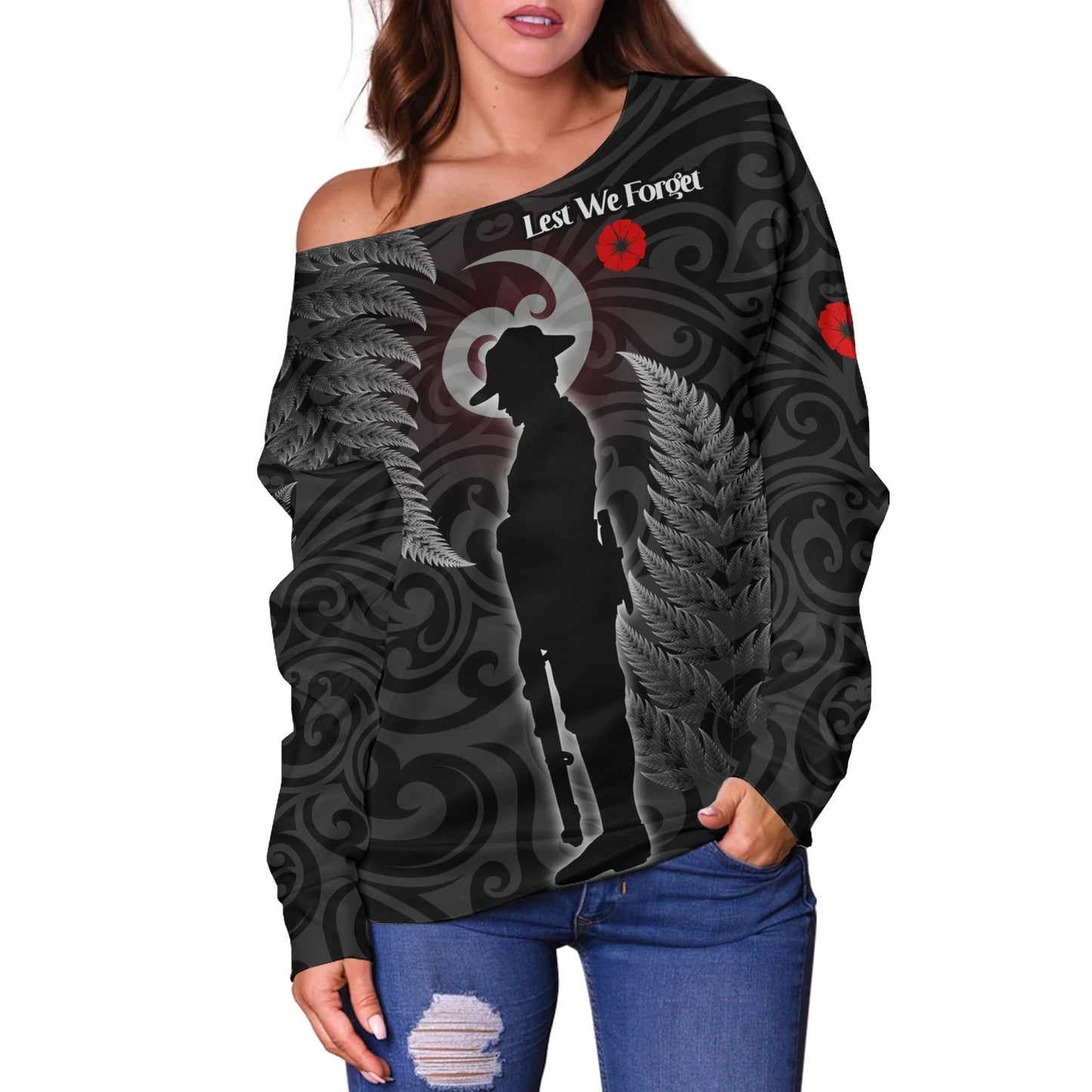 New Zealand Custom Personalised Off Shoulder Sweatshirt Lest We Forget Koru Maori Pattern