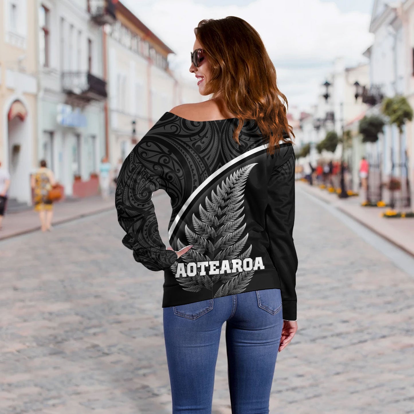 New Zealand Custom Personalised Off Shoulder Sweatshirt Maori Style Ethnic Curve Design
