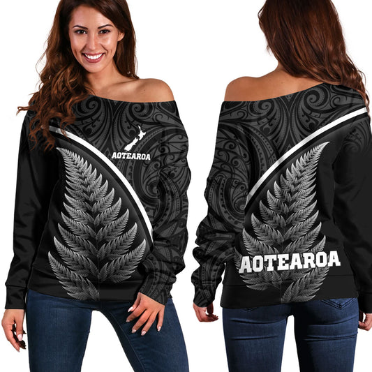 New Zealand Custom Personalised Off Shoulder Sweatshirt Maori Style Ethnic Curve Design