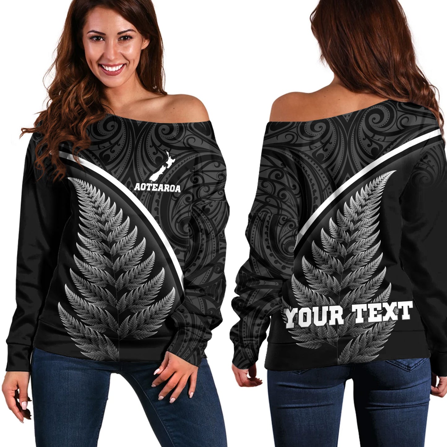 New Zealand Custom Personalised Off Shoulder Sweatshirt Maori Style Ethnic Curve Design