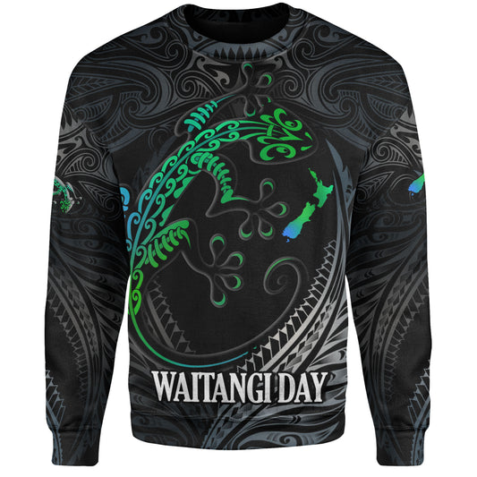 New Zealand Custom Personalised Sweatshirt Waitangi Day Ethnic Lizard Maori Patterns