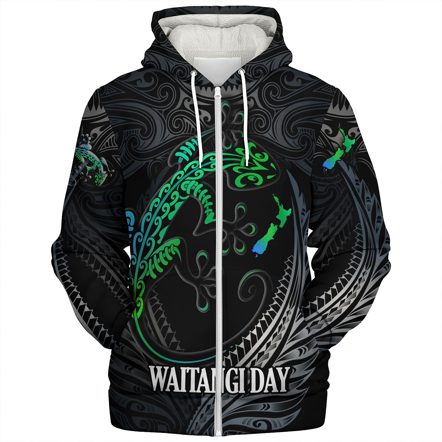 New Zealand Custom Personalised Sherpa Hoodie Waitangi Day Ethnic Lizard Maori Patterns