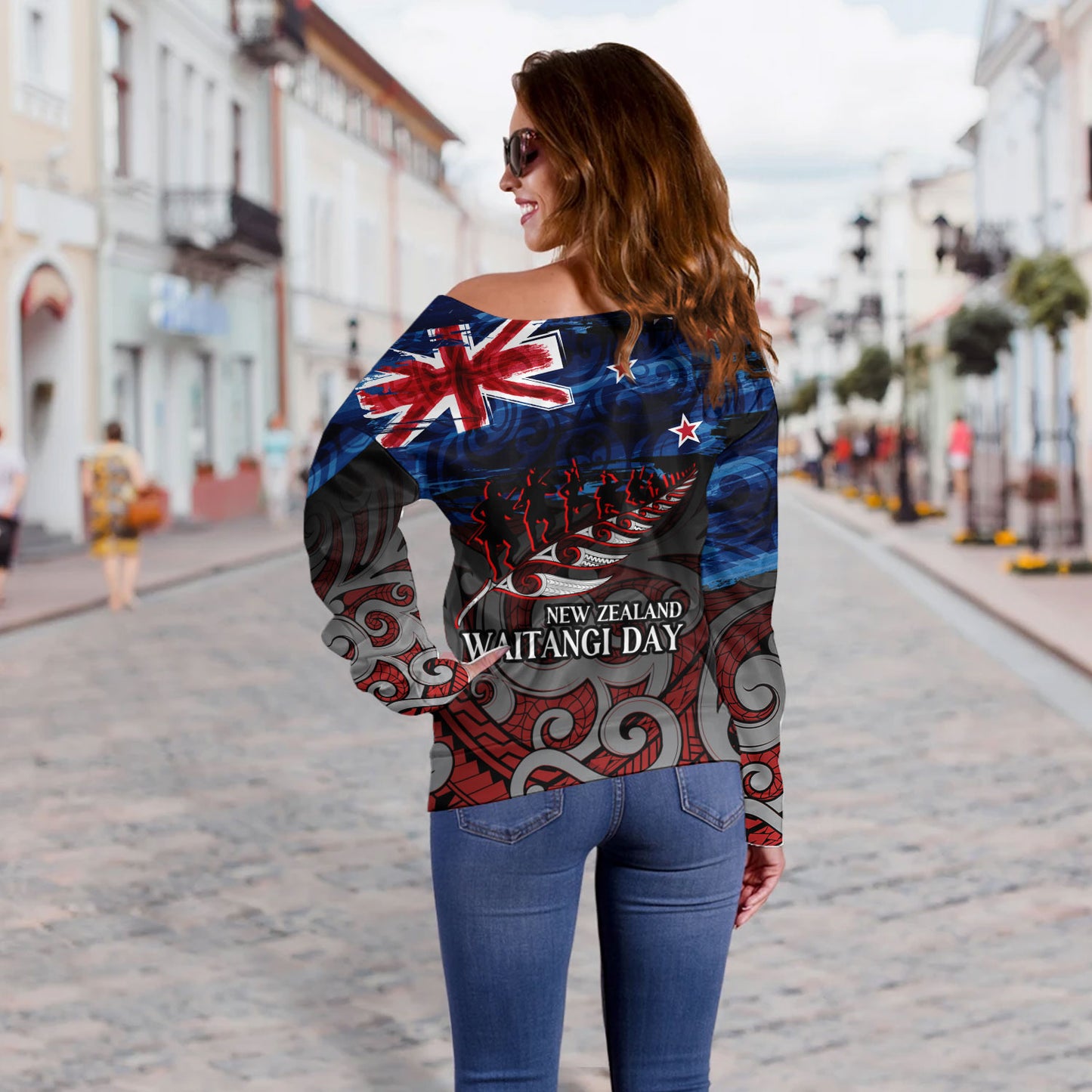 New Zealand Custom Personalised Off Shoulder Sweatshirt Waitangi Day Maori Patterns
