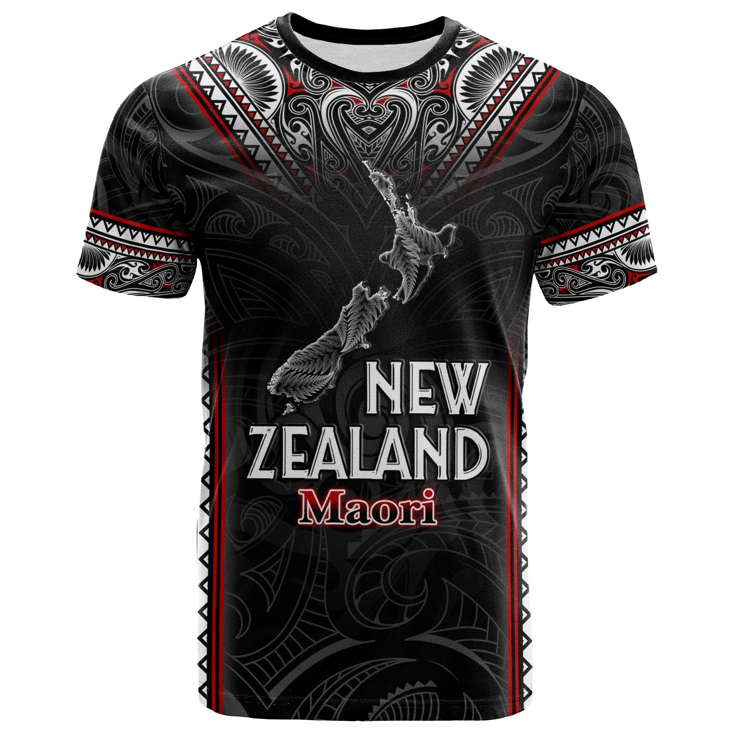 New Zealand T-Shirt Maori Patterns With Map Silver Fern