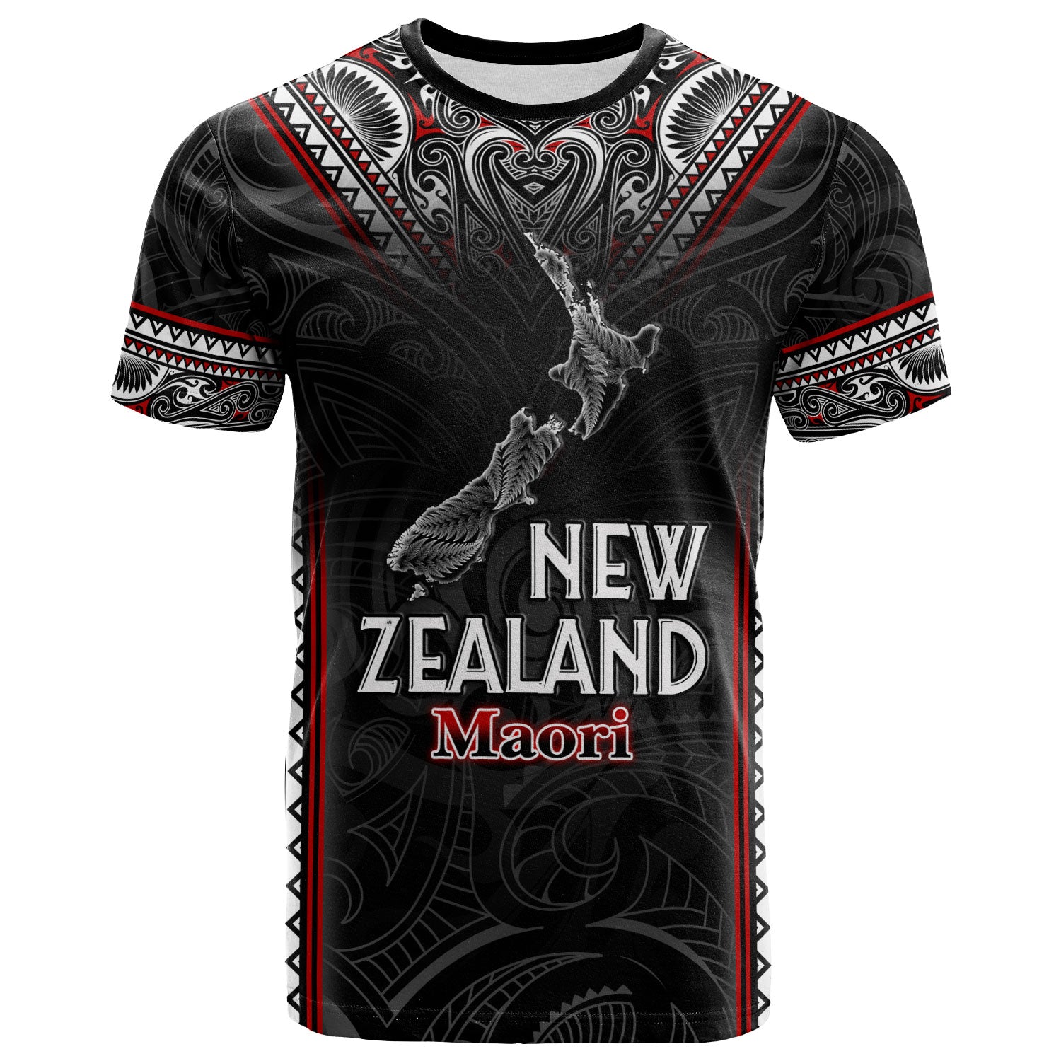 New Zealand T-Shirt Maori Patterns With Map Silver Fern