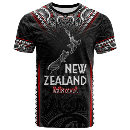New Zealand T-Shirt Maori Patterns With Map Silver Fern