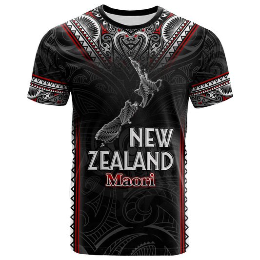 New Zealand T-Shirt Maori Patterns With Map Silver Fern