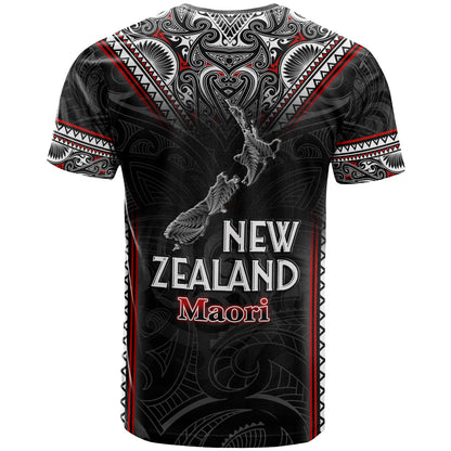 New Zealand T-Shirt Maori Patterns With Map Silver Fern