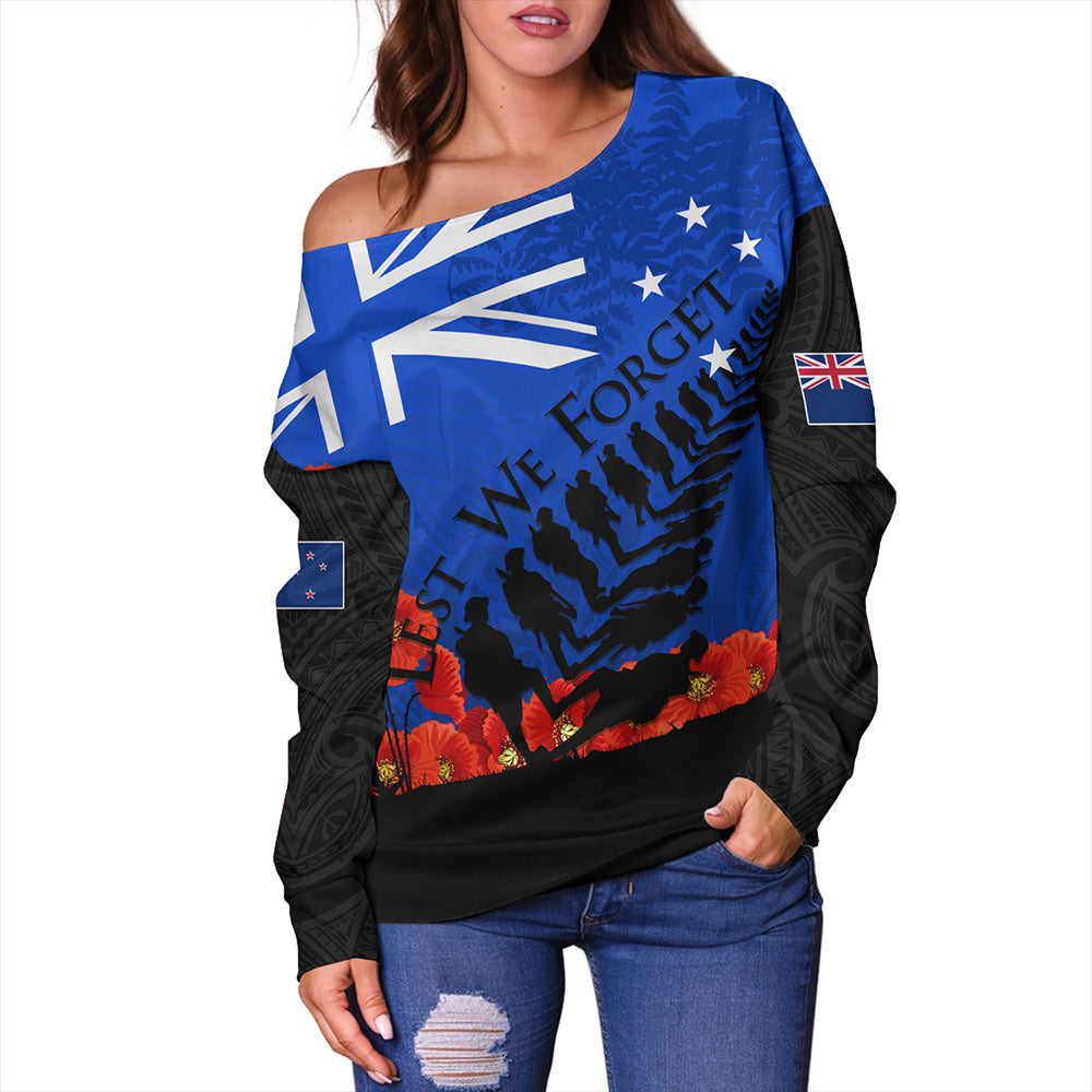 New Zealand Off Shoulder Sweatshirt Flag Anzac Day And Red Poppy