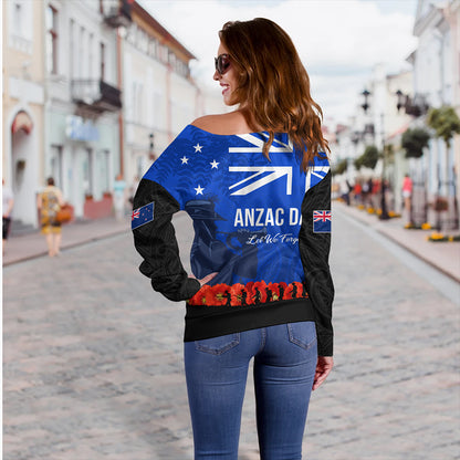 New Zealand Off Shoulder Sweatshirt Flag Anzac Day And Red Poppy