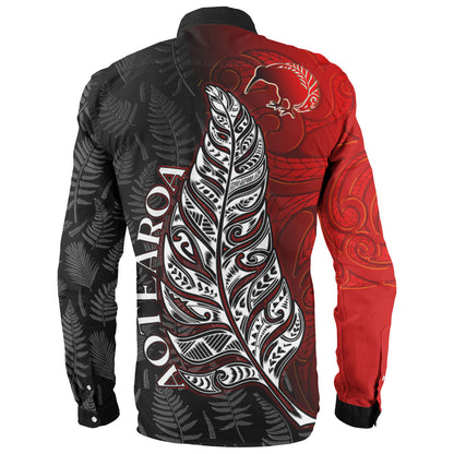 New Zealand Long Sleeve Shirt - Aotearoa Silver Fern With Kiwi Bird Maori Style