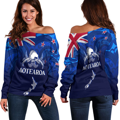 New Zealand Off Shoulder Sweatshirt - Aotearoa Map Kiwi Bird Mascot
