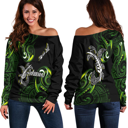 New Zealand Off Shoulder Sweatshirt - Aotearoa Silver Fern Maori Patterns