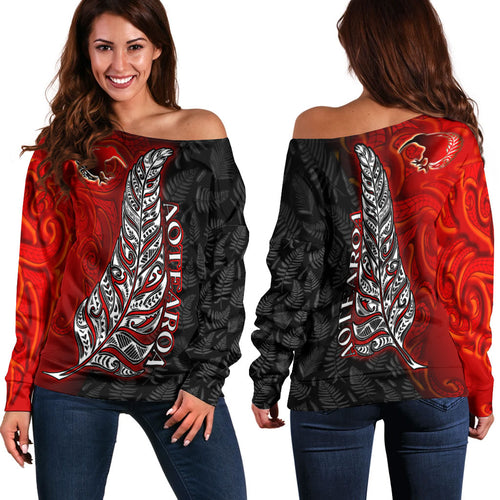 New Zealand Off Shoulder SweatShirt - Aotearoa Silver Fern With Kiwi Bird Maori Style