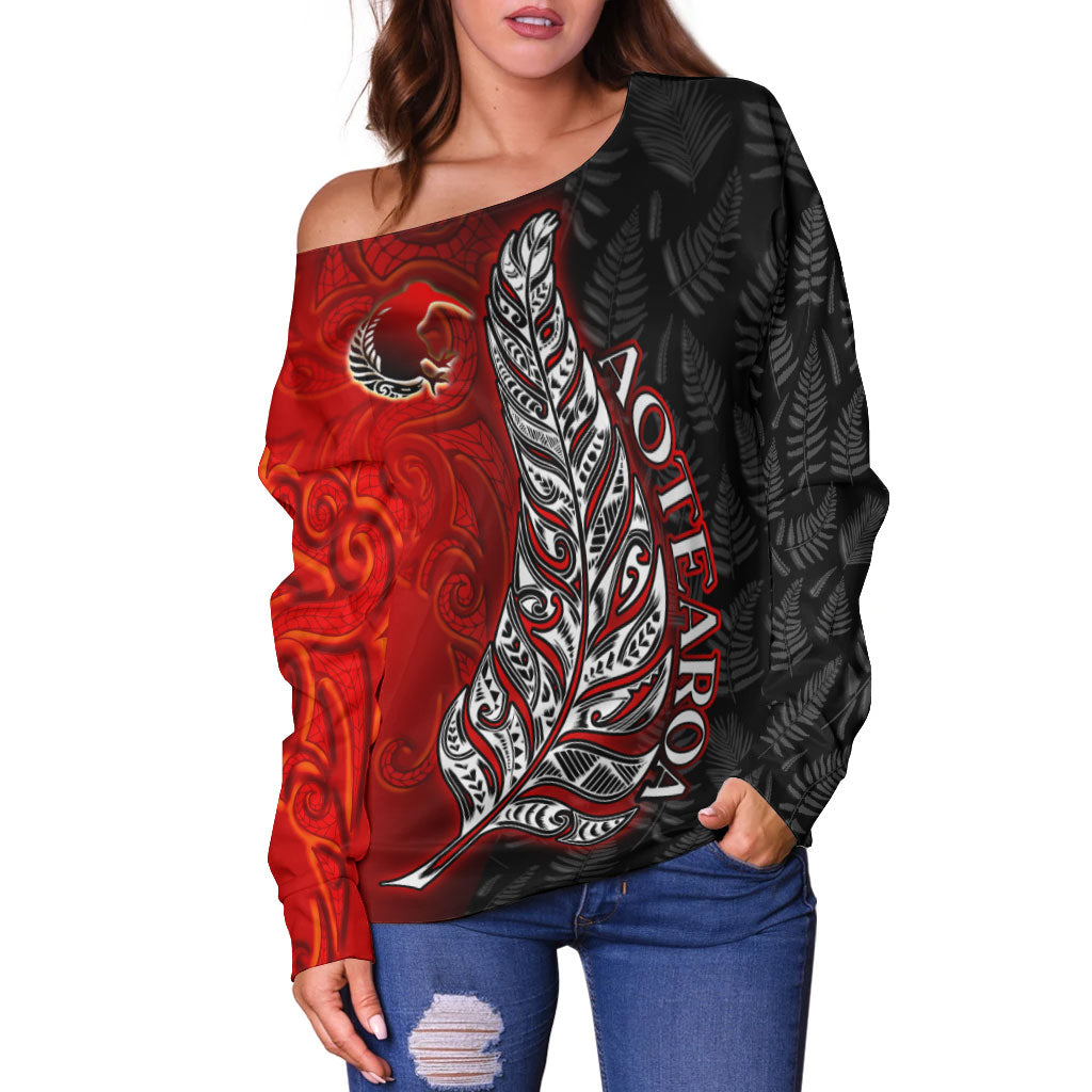 New Zealand Off Shoulder SweatShirt - Aotearoa Silver Fern With Kiwi Bird Maori Style