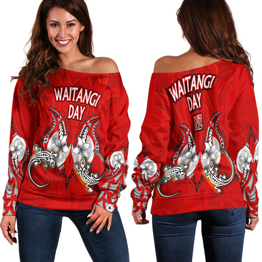 New Zealand Off Shoulder Sweatshirt - Waitangi Day Lizards Maori Patterns