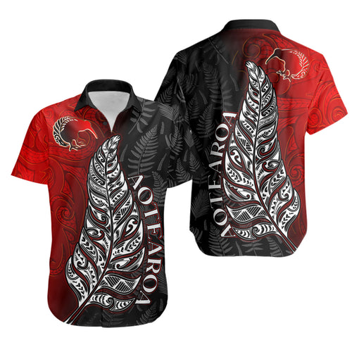New Zealand Short Sleeve Shirt - Aotearoa Silver Fern With Kiwi Bird Maori Style