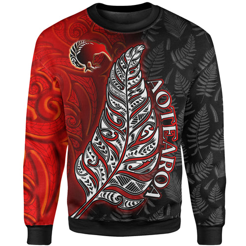 New Zealand Sweatshirt - Aotearoa Silver Fern With Kiwi Bird Maori Style