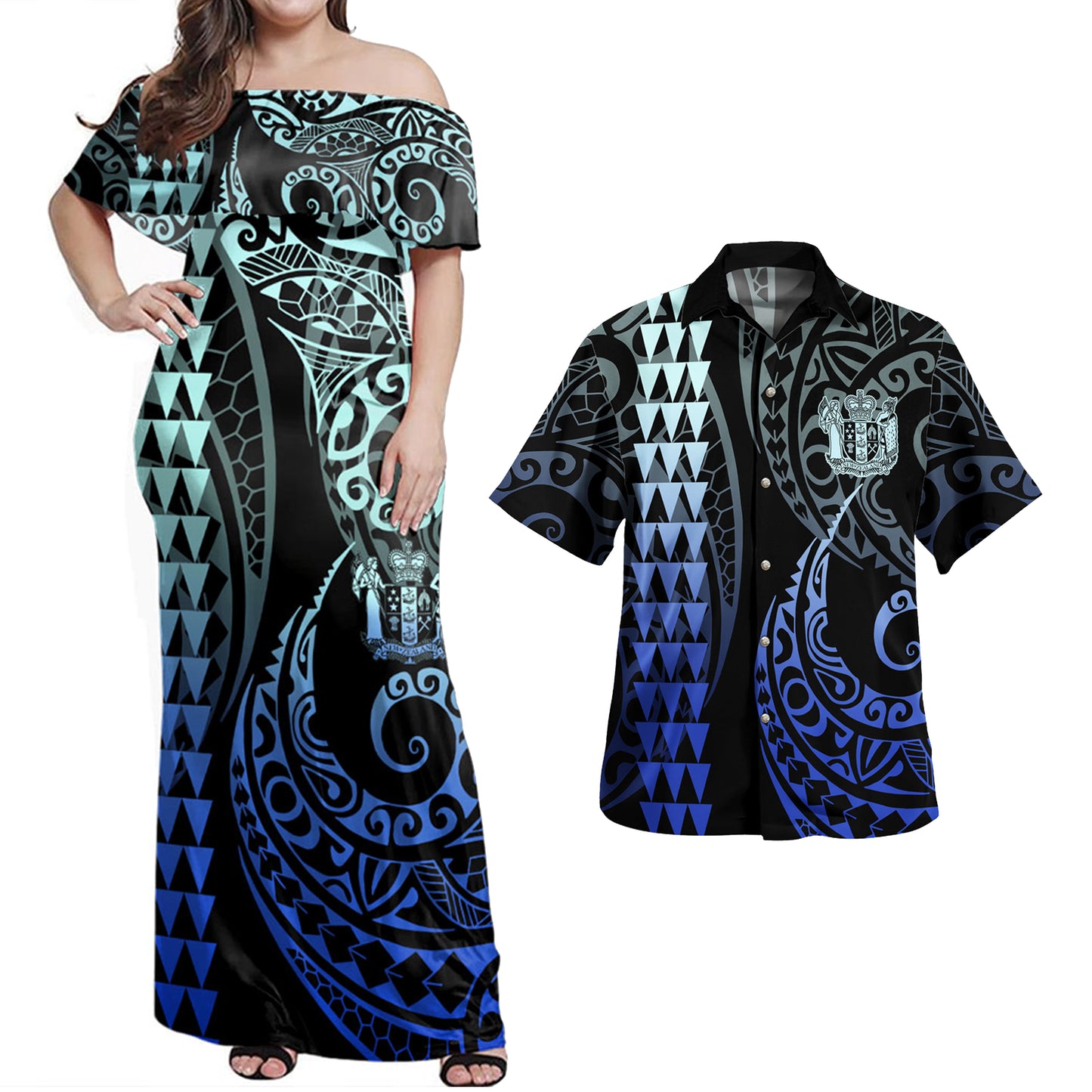 New Zealand Combo Dress And Shirt Kakau Style Gradient Blue